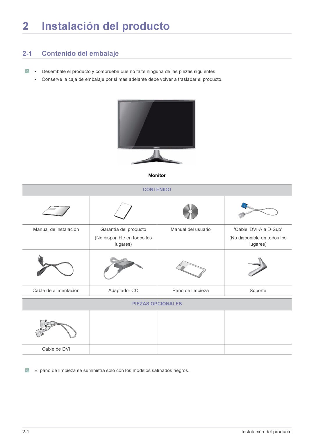 Samsung LS23B3UVMN/EN, LS22B3UVMN/EN, LS20B3UVMN/EN Instalación del producto, Contenido del embalaje, Piezas Opcionales 