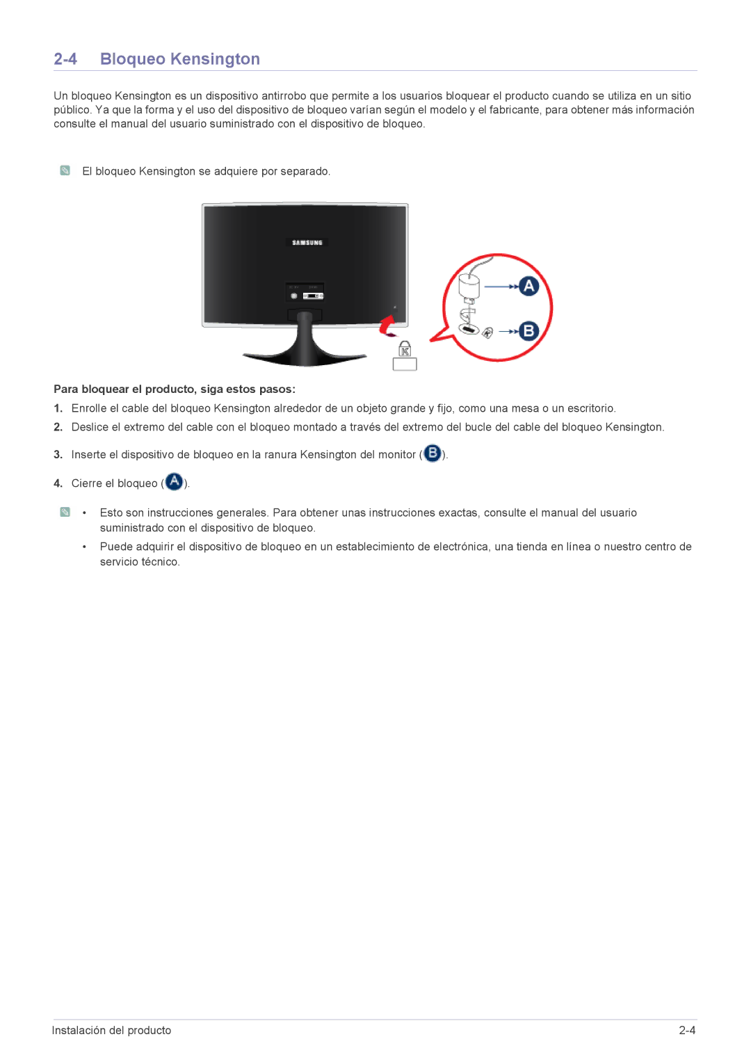 Samsung LS22B3UVMN/EN, LS20B3UVMN/EN, LS23B3UVMN/EN manual Bloqueo Kensington, Para bloquear el producto, siga estos pasos 