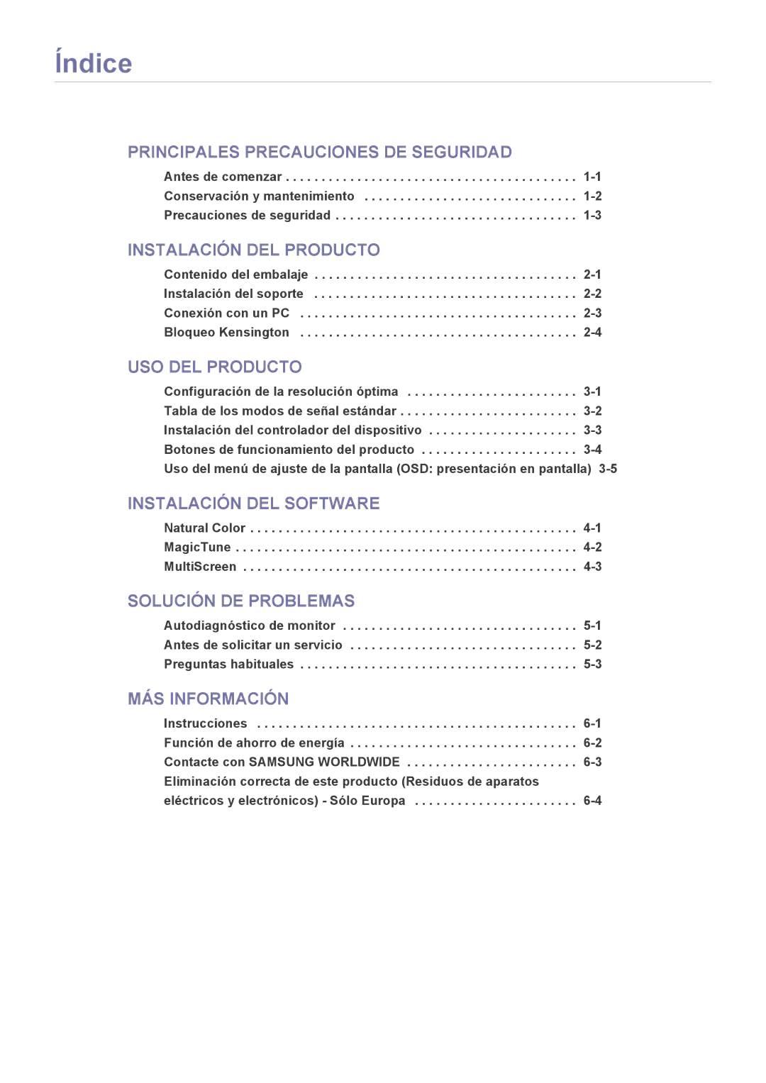 Samsung LS23B3UVMN/EN, LS22B3UVMN/EN, LS20B3UVMN/EN, LS20B3UVMV/ZA, LS23B3UVMV/ZA manual Índice, USO DEL Producto 