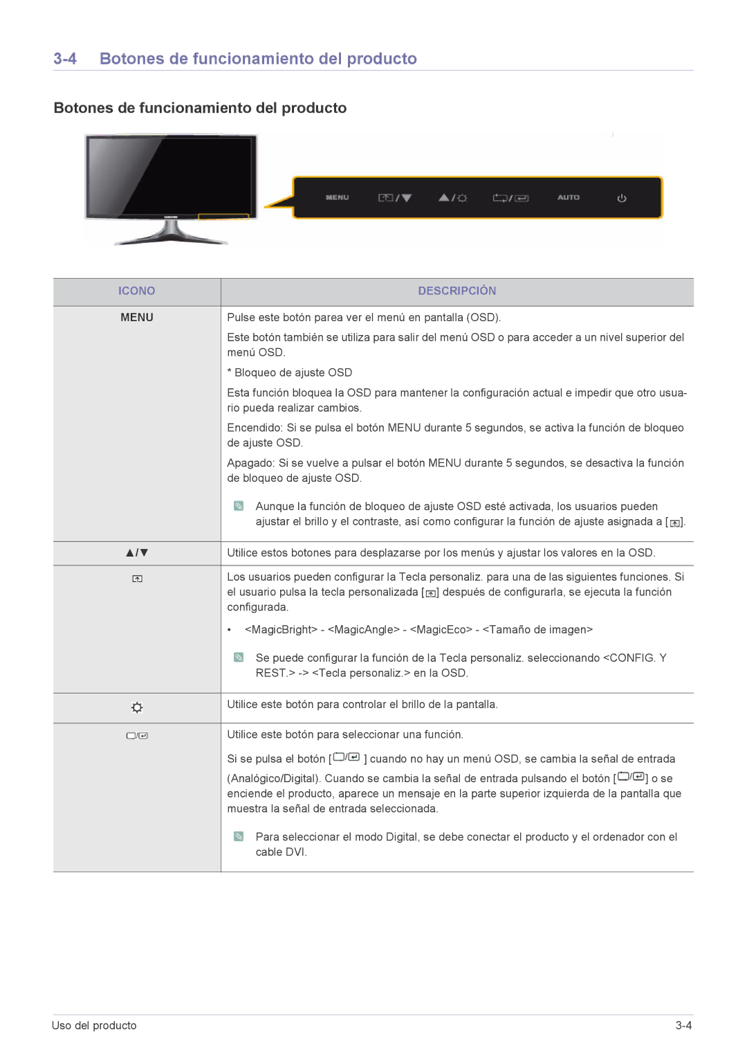 Samsung LS20B3UVMN/EN, LS22B3UVMN/EN, LS23B3UVMN/EN, LS20B3UVMV/ZA Botones de funcionamiento del producto, Icono Descripción 