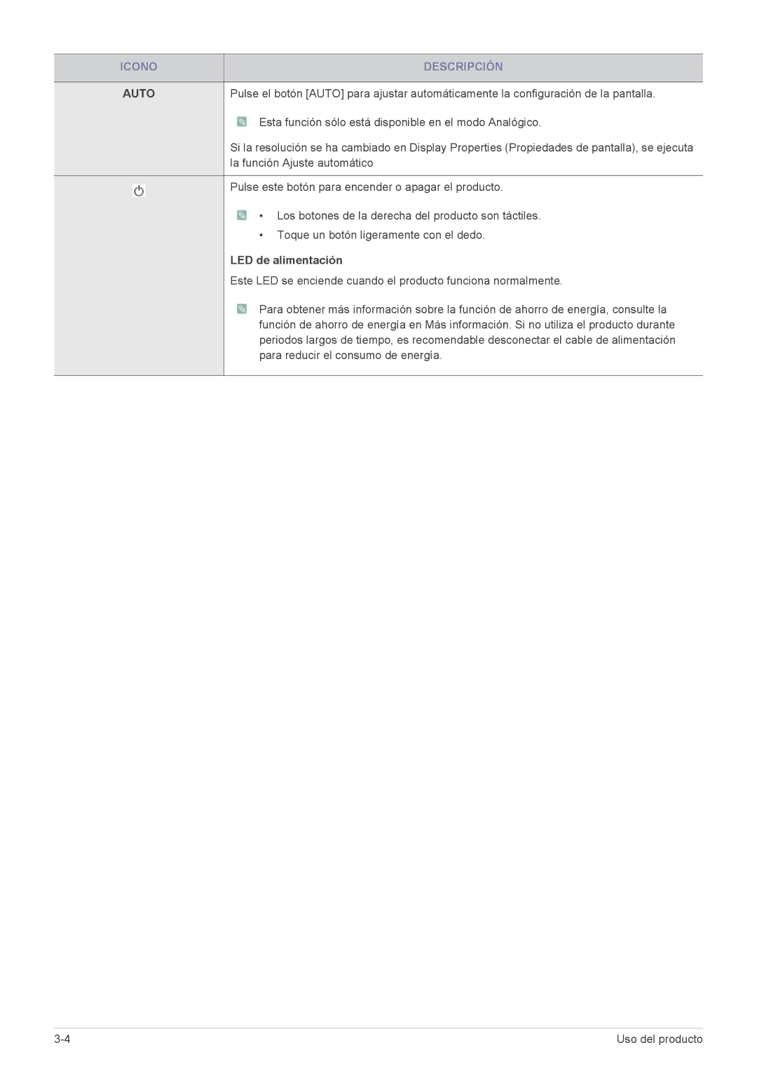 Samsung LS23B3UVMN/EN, LS22B3UVMN/EN, LS20B3UVMN/EN, LS20B3UVMV/ZA, LS23B3UVMV/ZA manual Auto, LED de alimentación 