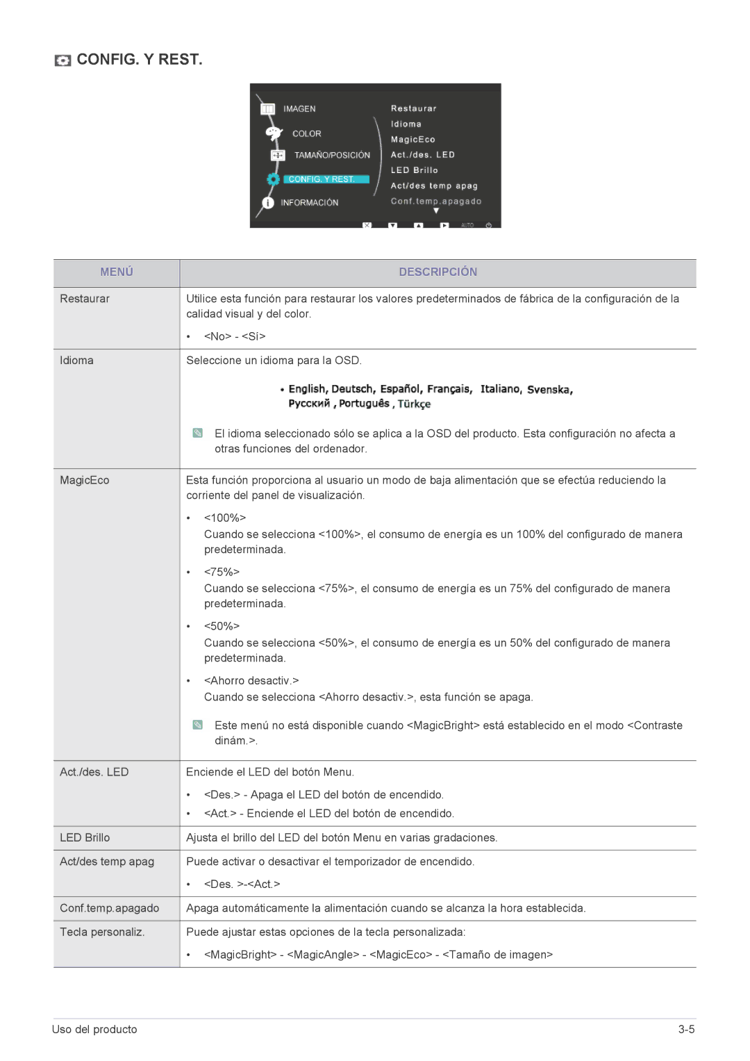 Samsung LS23B3UVMV/ZA, LS22B3UVMN/EN, LS20B3UVMN/EN, LS23B3UVMN/EN, LS20B3UVMV/ZA manual CONFIG. Y Rest 