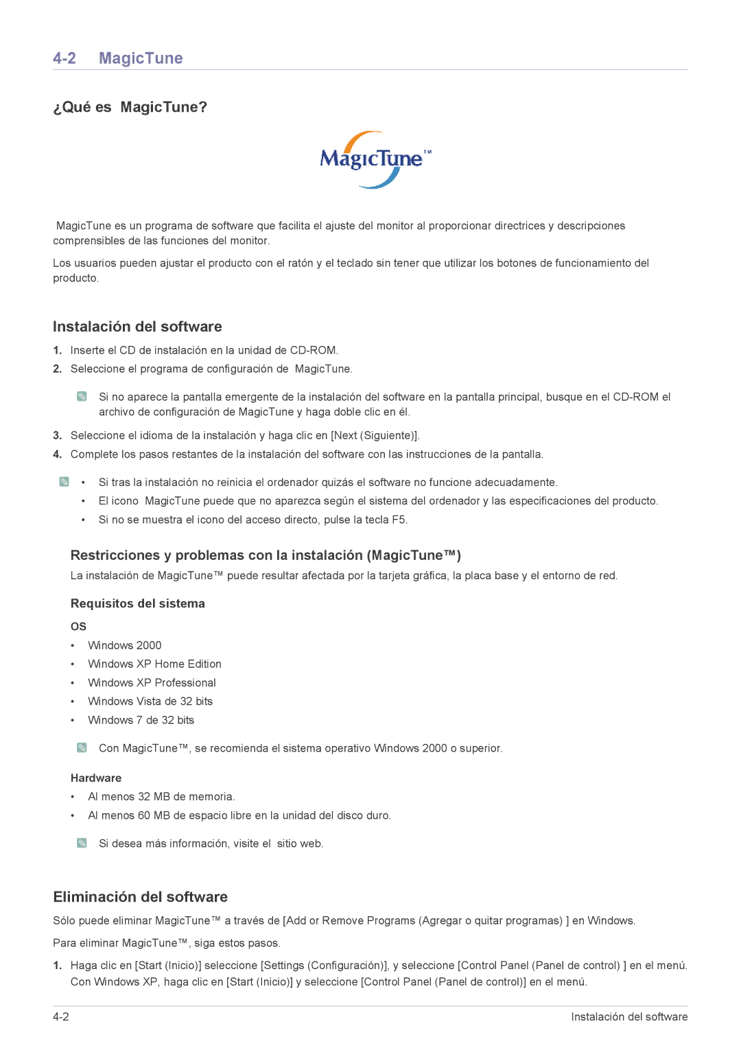 Samsung LS23B3UVMN/EN, LS22B3UVMN/EN ¿Qué es MagicTune?, Instalación del software, Eliminación del software, Hardware 