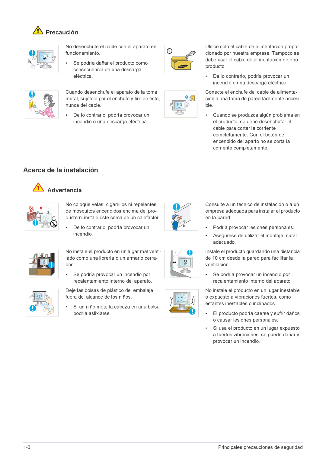 Samsung LS20B3UVMN/EN, LS22B3UVMN/EN, LS23B3UVMN/EN, LS20B3UVMV/ZA, LS23B3UVMV/ZA manual Acerca de la instalación, Precaución 