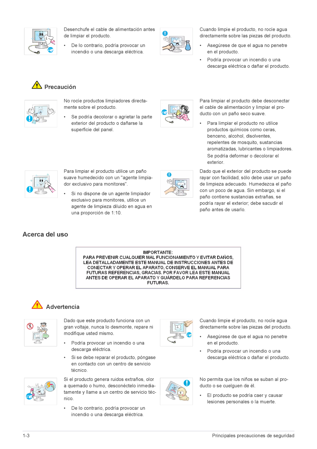 Samsung LS20B3UVMV/ZA, LS22B3UVMN/EN, LS20B3UVMN/EN manual Acerca del uso, Asegúrese de que el agua no penetre en el producto 