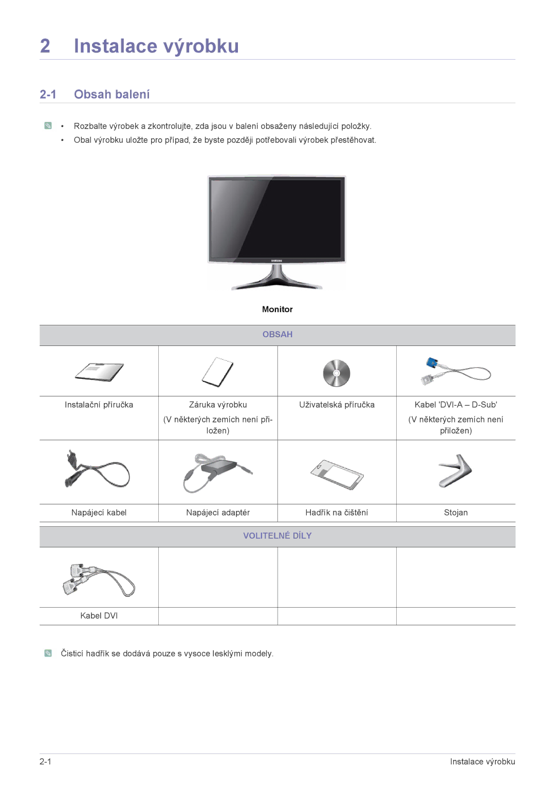 Samsung LS23B3UVMN/EN, LS22B3UVMN/EN, LS20B3UVMN/EN, LS20B3UVMV/ZA manual Instalace výrobku, Obsah balení, Volitelné Díly 