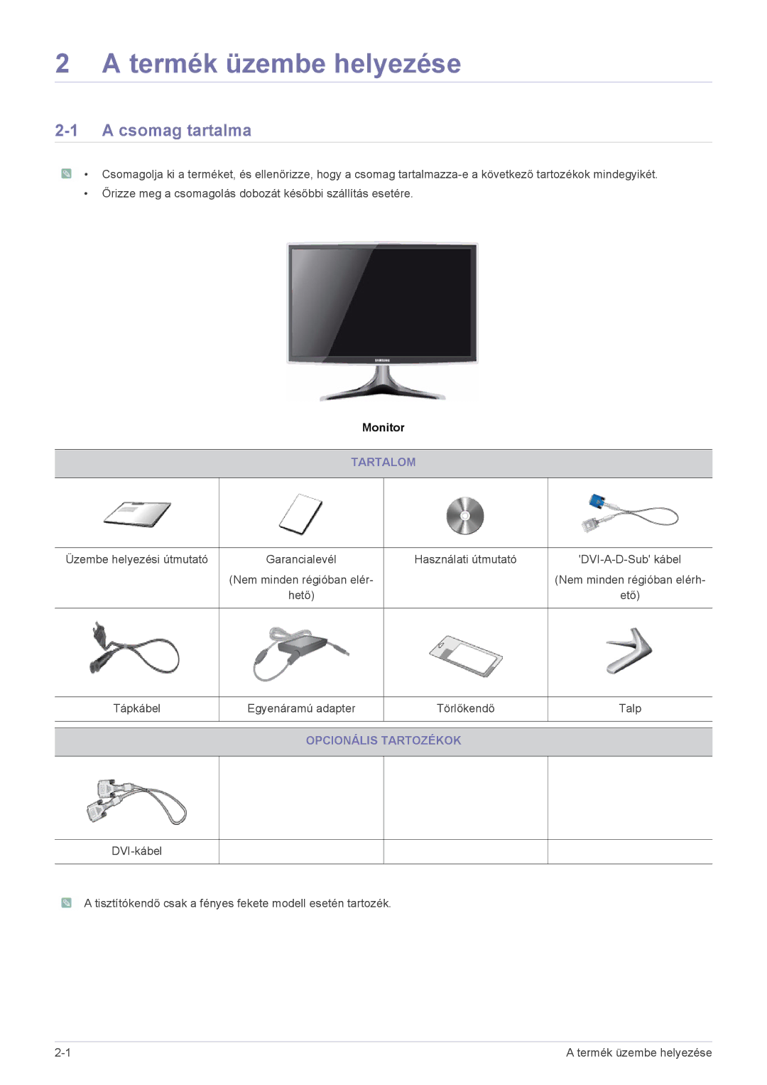 Samsung LS23B3UVMN/EN, LS22B3UVMN/EN manual Termék üzembe helyezése, Csomag tartalma, Tartalom, Opcionális Tartozékok 