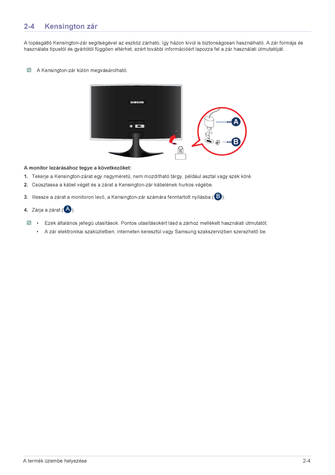 Samsung LS22B3UVMN/EN, LS20B3UVMN/EN, LS23B3UVMN/EN, LS20B3UVMV/ZA Kensington zár, Monitor lezárásához tegye a következőket 