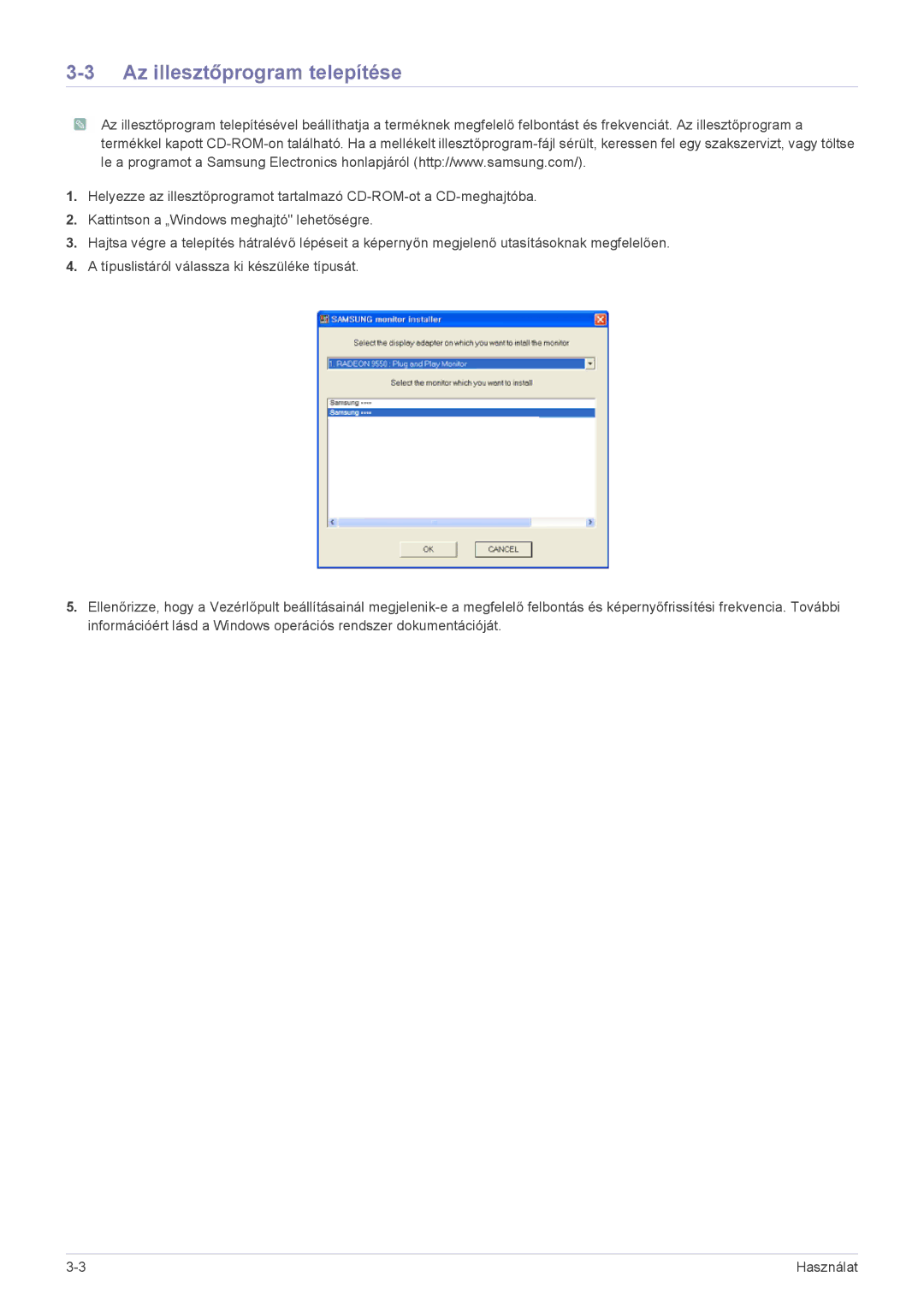 Samsung LS22B3UVMN/EN, LS20B3UVMN/EN, LS23B3UVMN/EN, LS20B3UVMV/ZA, LS23B3UVMV/ZA manual Az illesztőprogram telepítése 