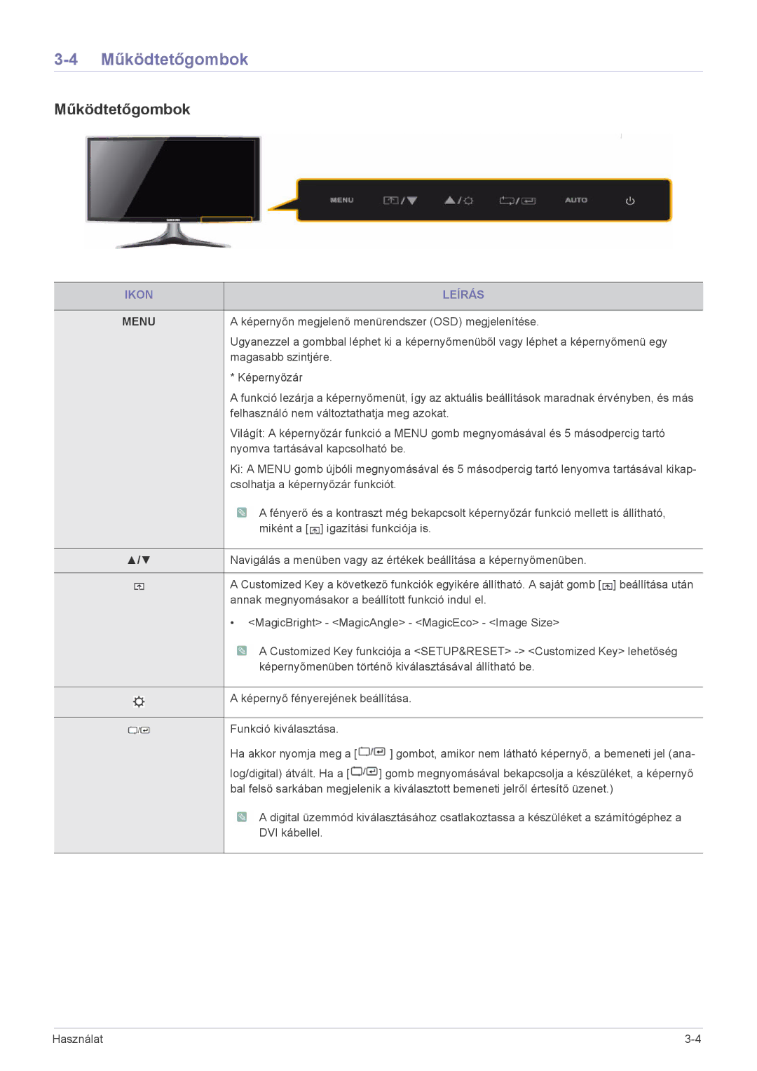 Samsung LS20B3UVMN/EN, LS22B3UVMN/EN, LS23B3UVMN/EN, LS20B3UVMV/ZA, LS23B3UVMV/ZA manual Működtetőgombok, Ikon Leírás 