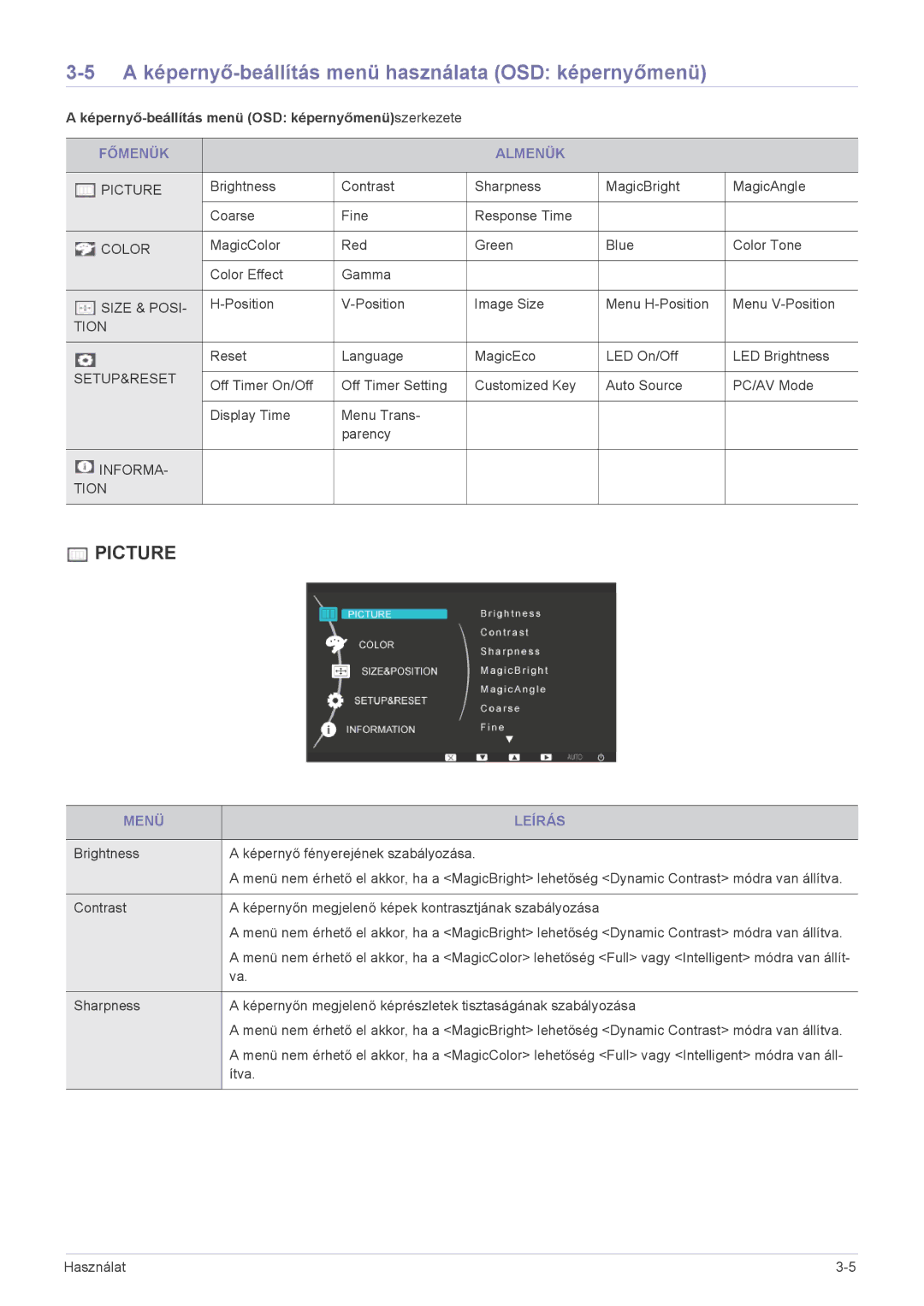 Samsung LS20B3UVMV/ZA, LS22B3UVMN/EN A képernyő-beállítás menü használata OSD képernyőmenü, Főmenük Almenük, Menü Leírás 