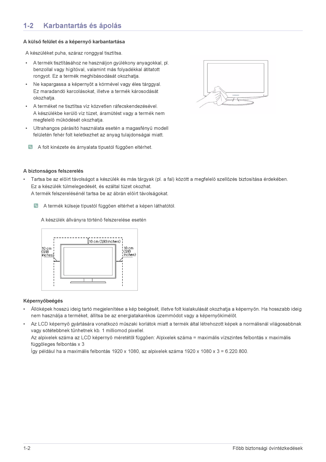 Samsung LS23B3UVMV/ZA manual Karbantartás és ápolás, Külső felület és a képernyő karbantartása, Biztonságos felszerelés 