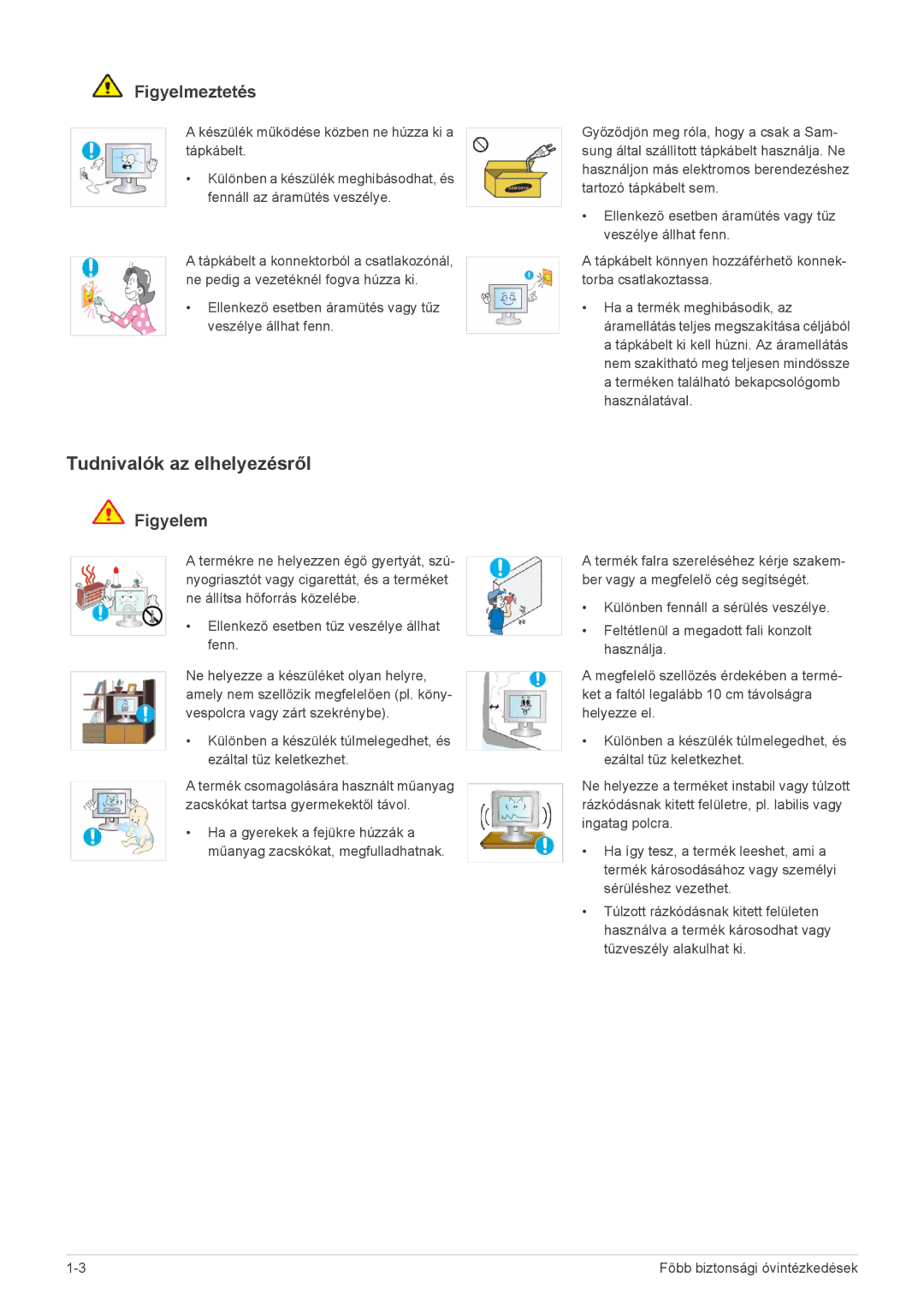 Samsung LS20B3UVMN/EN, LS22B3UVMN/EN, LS23B3UVMN/EN, LS20B3UVMV/ZA, LS23B3UVMV/ZA Tudnivalók az elhelyezésről, Figyelmeztetés 