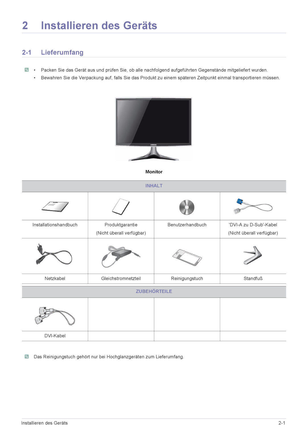 Samsung LS20B3UVMN/EN, LS22B3UVMN/EN, LS23B3UVMN/EN manual Installieren des Geräts, Lieferumfang, Inhalt, Zubehörteile 