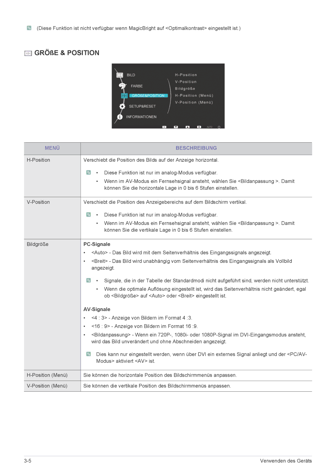 Samsung LS20B3UVMN/EN, LS22B3UVMN/EN, LS23B3UVMN/EN manual GRÖßE & Position, PC-Signale, AV-Signale 