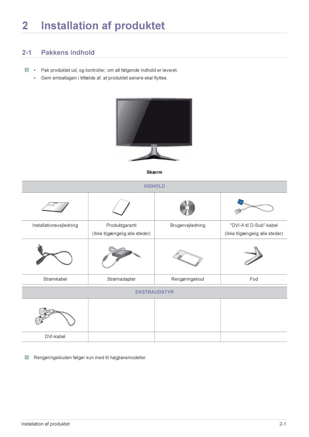 Samsung LS23B3UVMN/EN, LS22B3UVMN/EN, LS20B3UVMN/EN manual Installation af produktet, Pakkens indhold, Indhold, Ekstraudstyr 