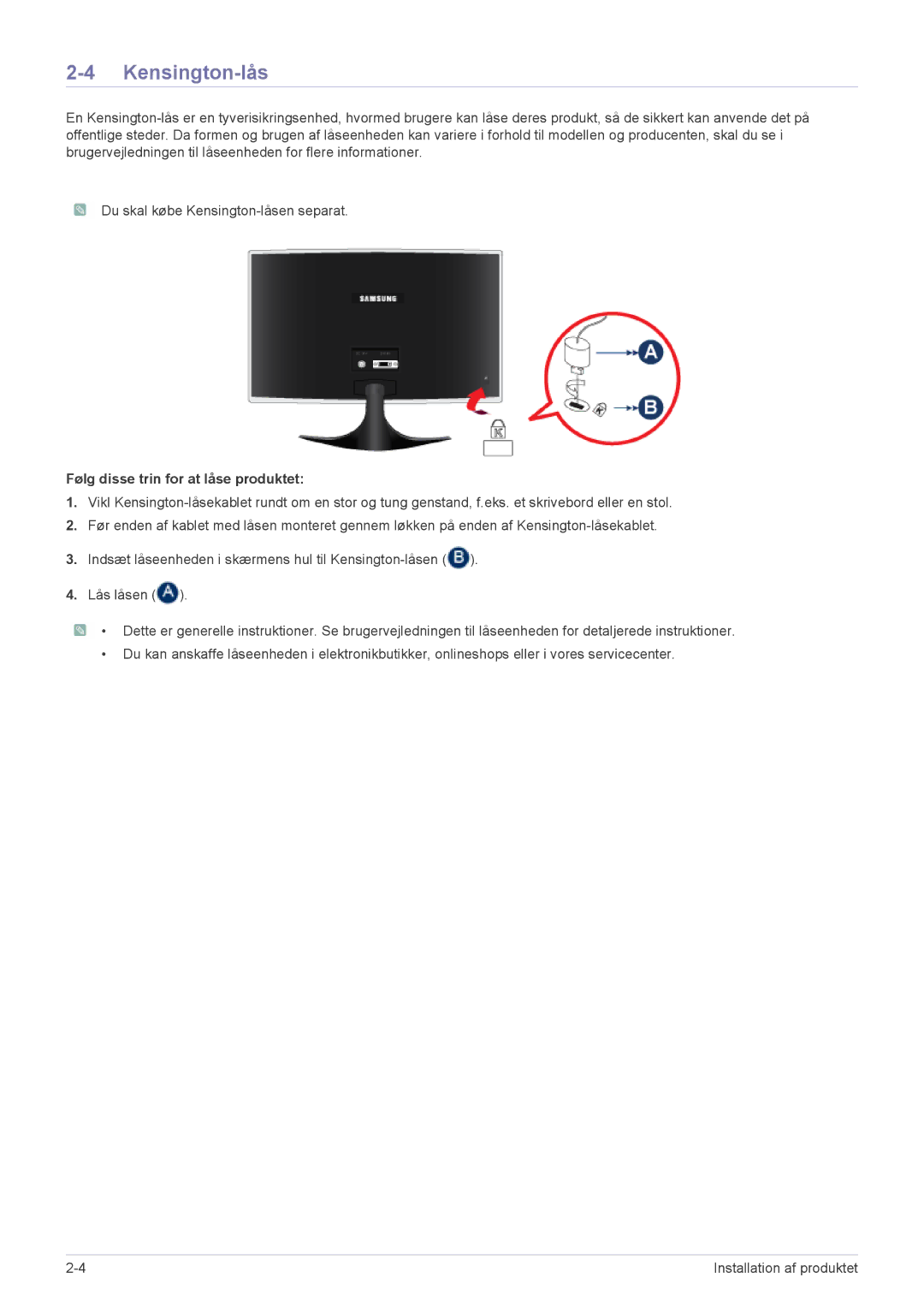 Samsung LS23B3UVMN/EN, LS22B3UVMN/EN, LS20B3UVMN/EN manual Kensington-lås, Følg disse trin for at låse produktet 