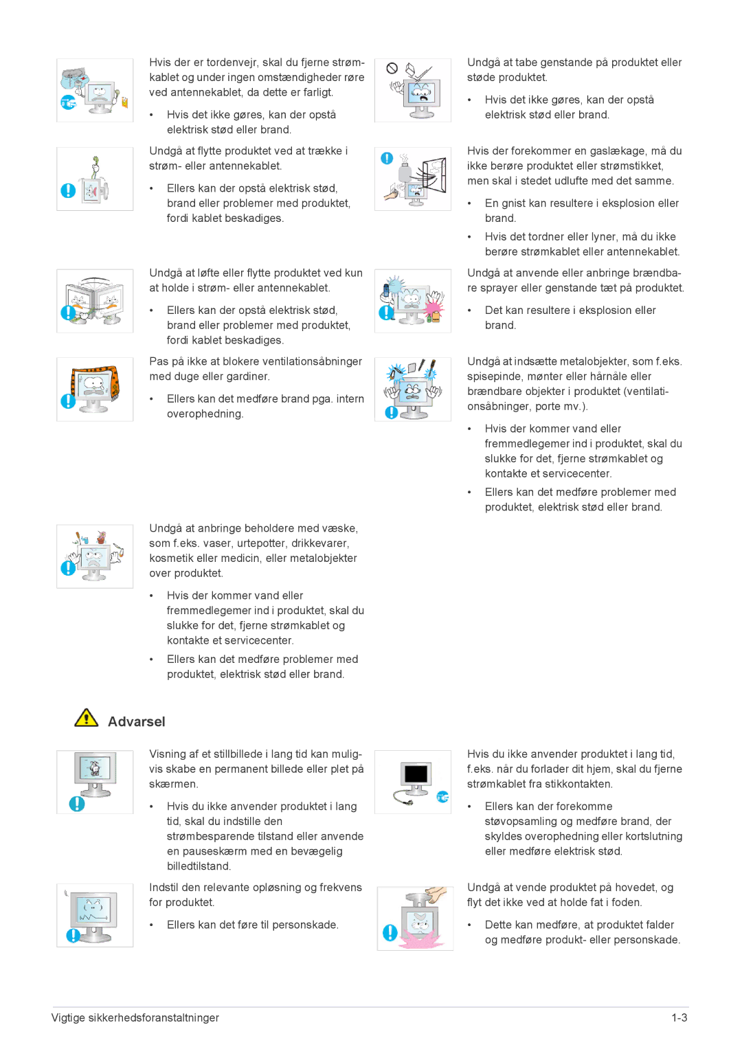 Samsung LS22B3UVMN/EN, LS20B3UVMN/EN, LS23B3UVMN/EN manual Vigtige sikkerhedsforanstaltninger 