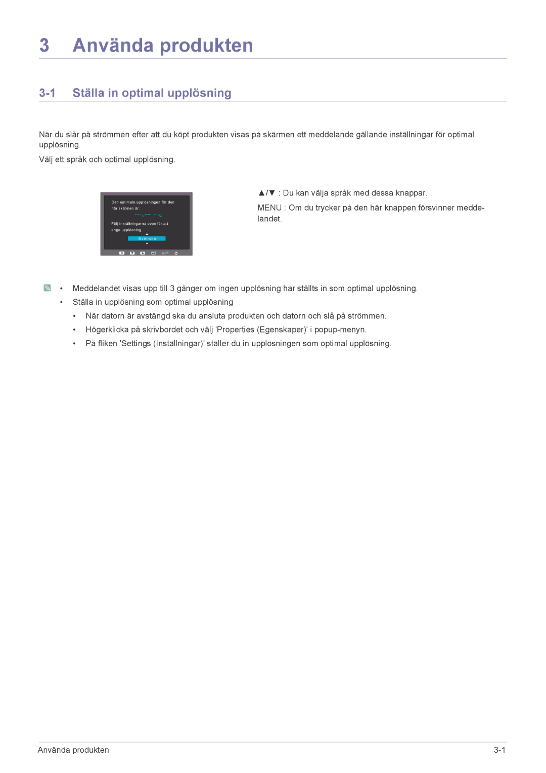 Samsung LS22B3UVMN/EN, LS20B3UVMN/EN, LS23B3UVMN/EN manual Använda produkten, Ställa in optimal upplösning 