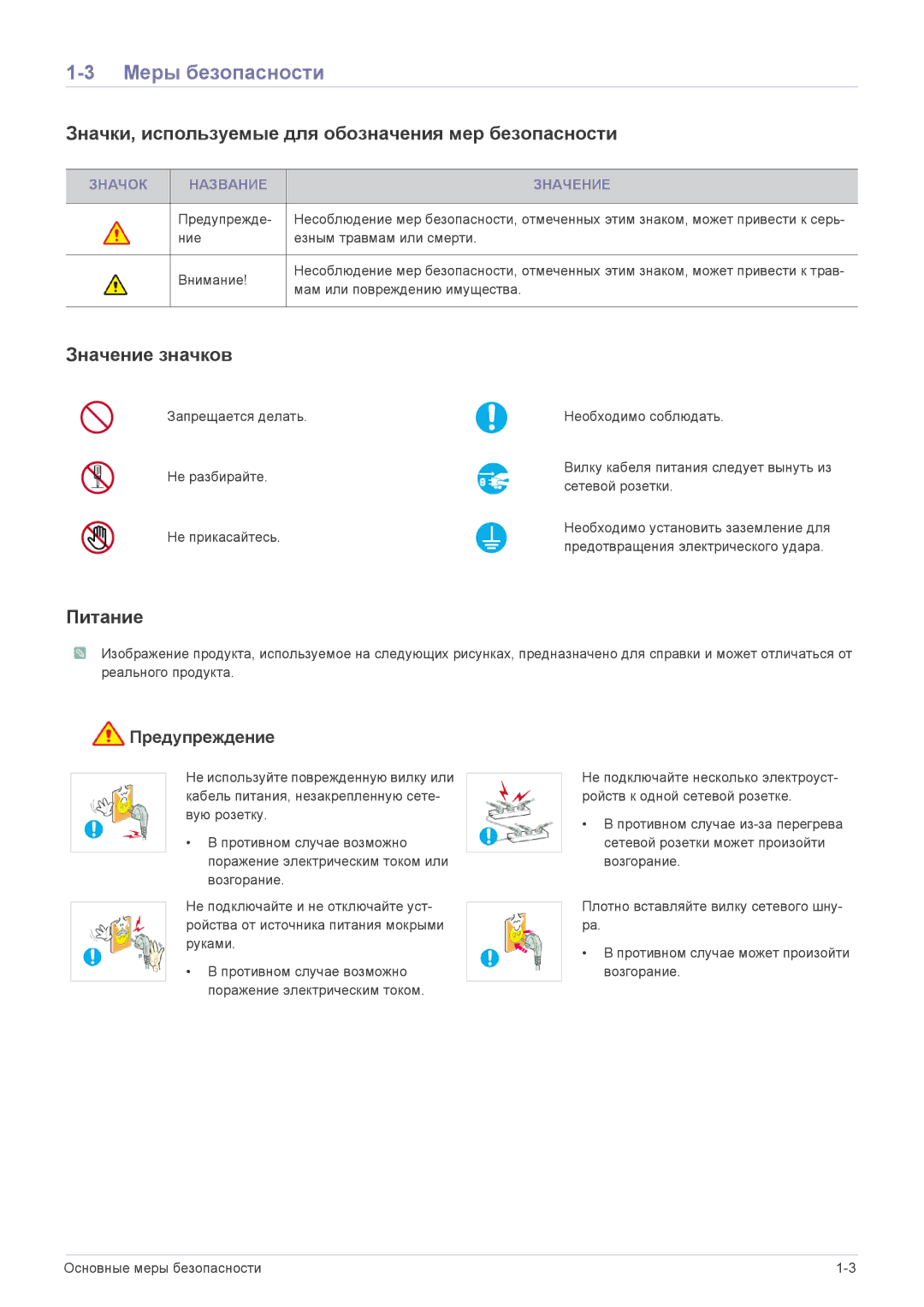 Samsung LS23B3UVMN/EN Меры безопасности, Значки, используемые для обозначения мер безопасности, Значение значков, Питание 