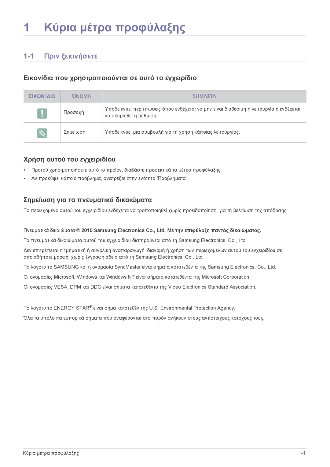 Samsung LS22B3UVMN/EN manual Κύρια μέτρα προφύλαξης, Πριν ξεκινήσετε, Εικονίδια που χρησιμοποιούνται σε αυτό το εγχειρίδιο 