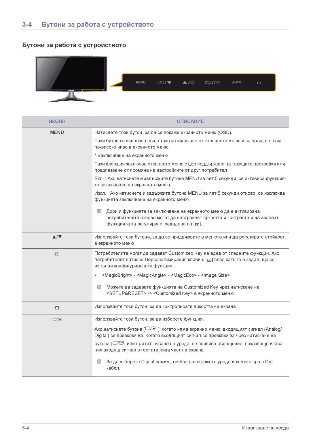 Samsung LS23B3UVMN/EN, LS22B3UVMN/EN, LS20B3UVMV/ZA manual Бутони за работа с устройството, Икона Описание 