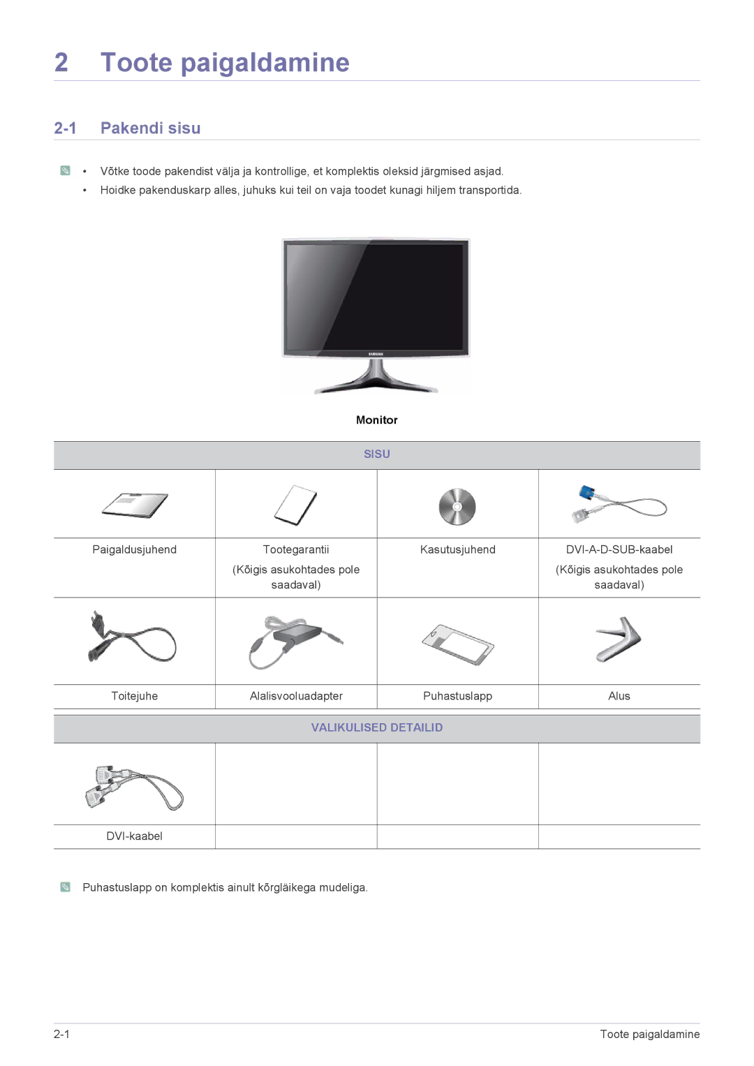 Samsung LS22B3UVMN/EN, LS23B3UVMN/EN manual Toote paigaldamine, Pakendi sisu, Sisu, Valikulised Detailid 