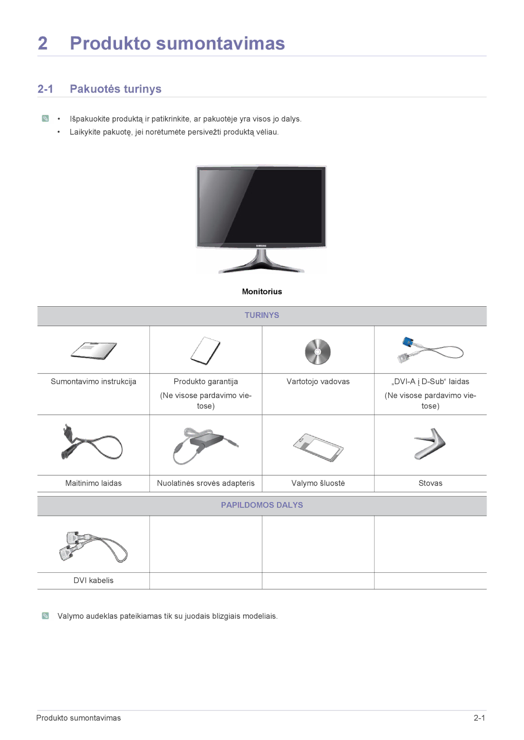 Samsung LS23B3UVMN/EN, LS22B3UVMN/EN manual Produkto sumontavimas, Pakuotės turinys, Turinys, Papildomos Dalys 