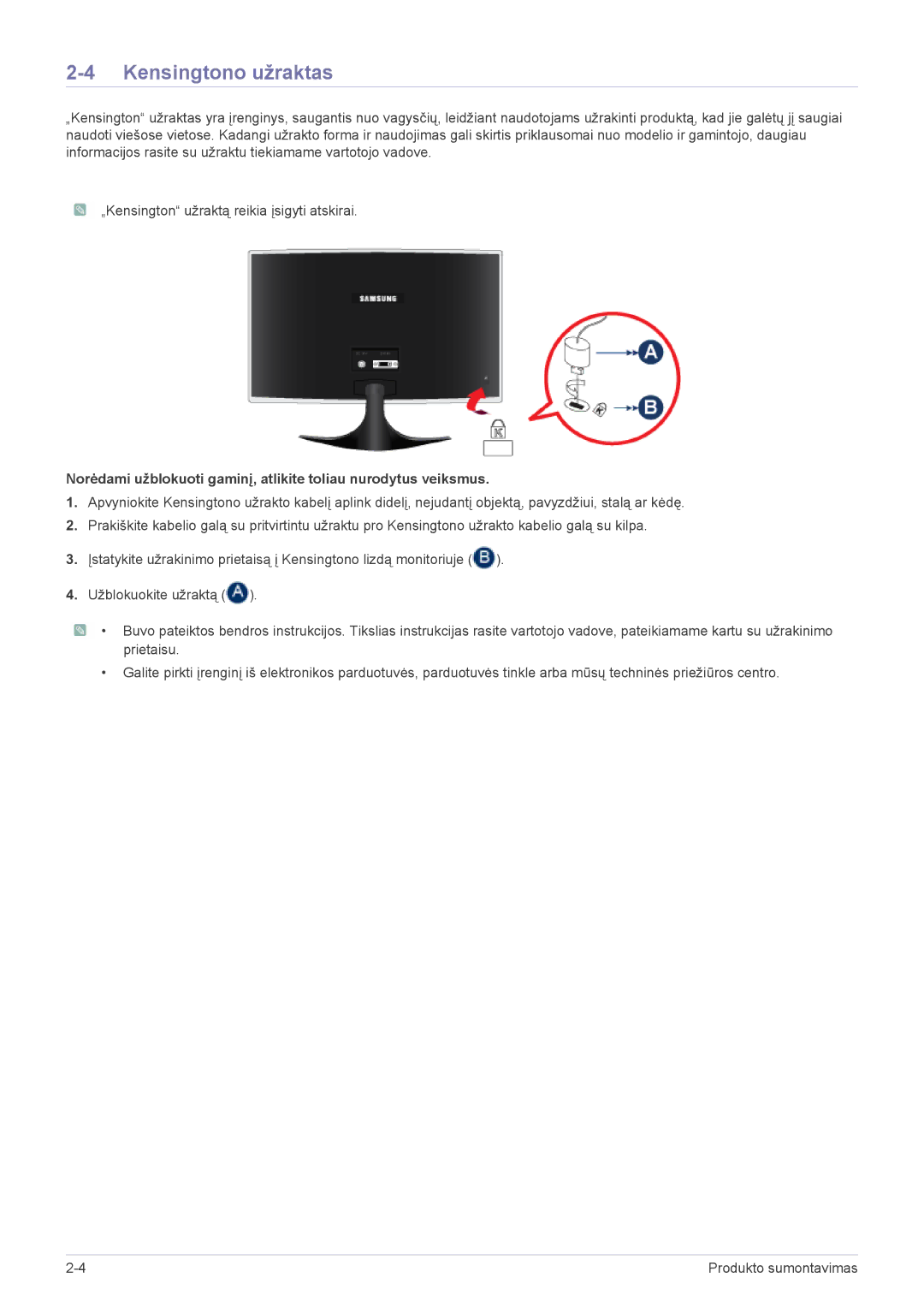 Samsung LS22B3UVMN/EN, LS23B3UVMN/EN manual Kensingtono užraktas 