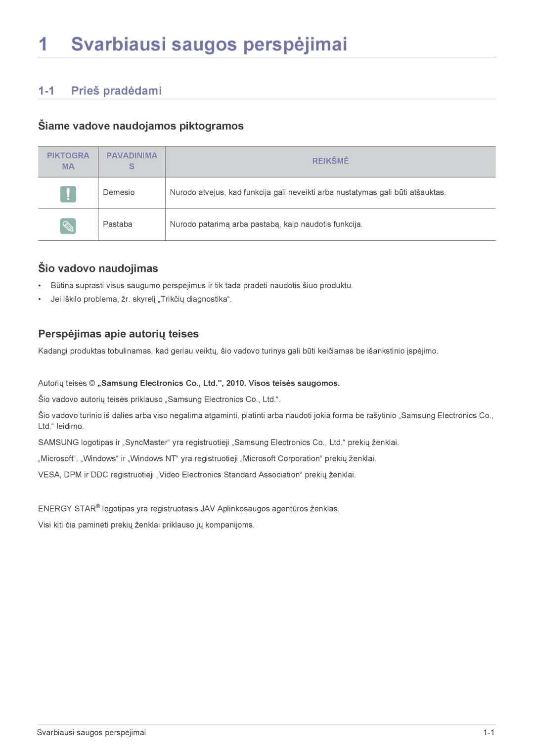 Samsung LS23B3UVMN/EN, LS22B3UVMN/EN Svarbiausi saugos perspėjimai, Prieš pradėdami, Šiame vadove naudojamos piktogramos 