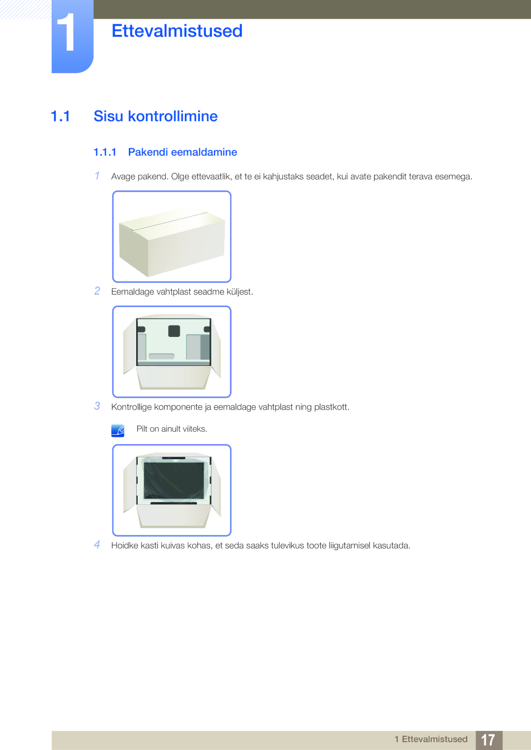 Samsung LS24B420BW/EN, LS22B420BW/EN manual Ettevalmistused, Sisu kontrollimine, Pakendi eemaldamine 