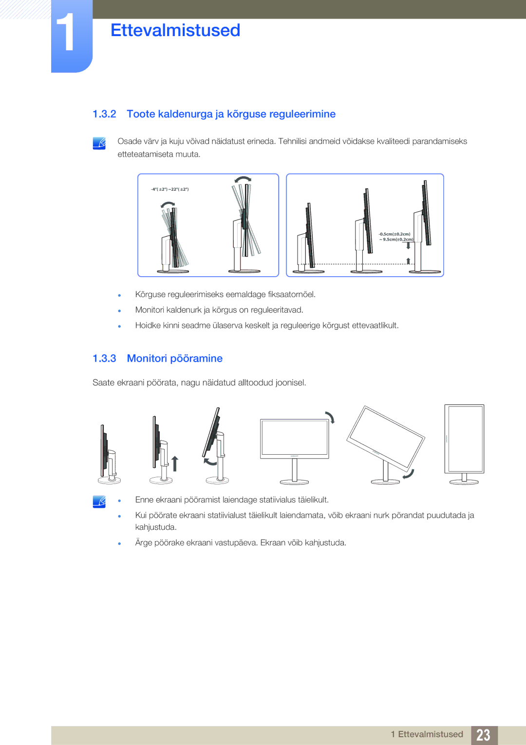 Samsung LS24B420BW/EN, LS22B420BW/EN manual Toote kaldenurga ja kõrguse reguleerimine, Monitori pööramine 