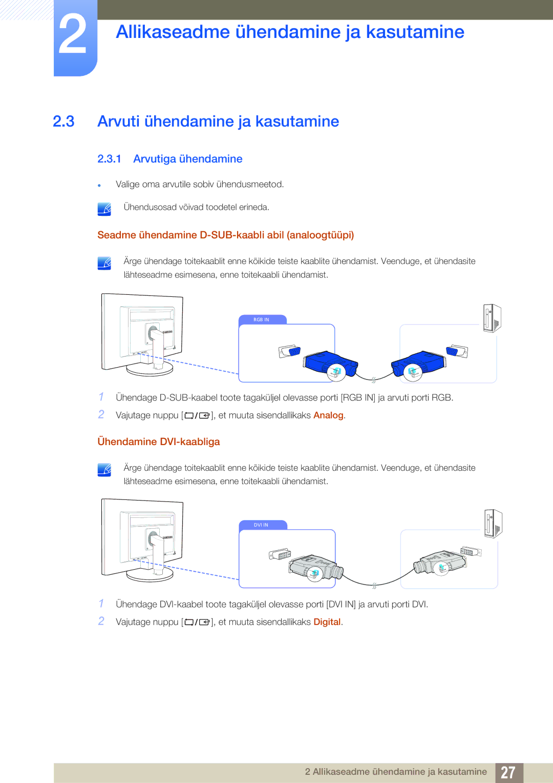 Samsung LS24B420BW/EN, LS22B420BW/EN manual Arvuti ühendamine ja kasutamine, Arvutiga ühendamine 