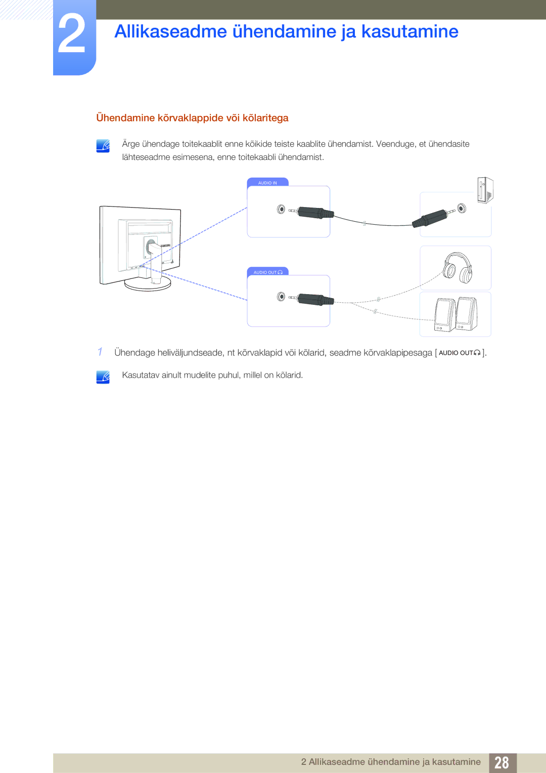 Samsung LS22B420BW/EN, LS24B420BW/EN manual Ühendamine kõrvaklappide või kõlaritega 