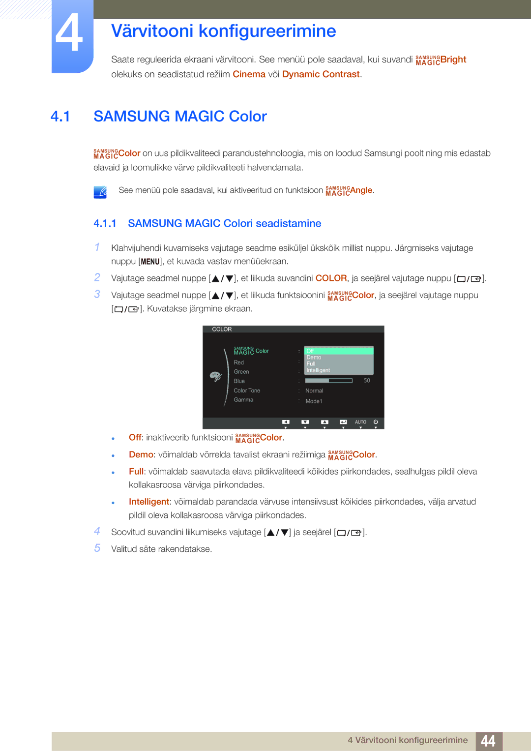 Samsung LS22B420BW/EN, LS24B420BW/EN manual Värvitooni konfigureerimine, Samsung Magic Colori seadistamine 