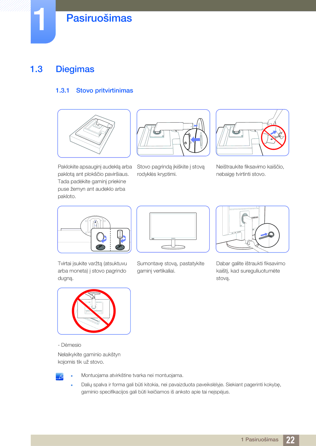 Samsung LS22B420BW/EN, LS24B420BW/EN manual Diegimas, Stovo pritvirtinimas 