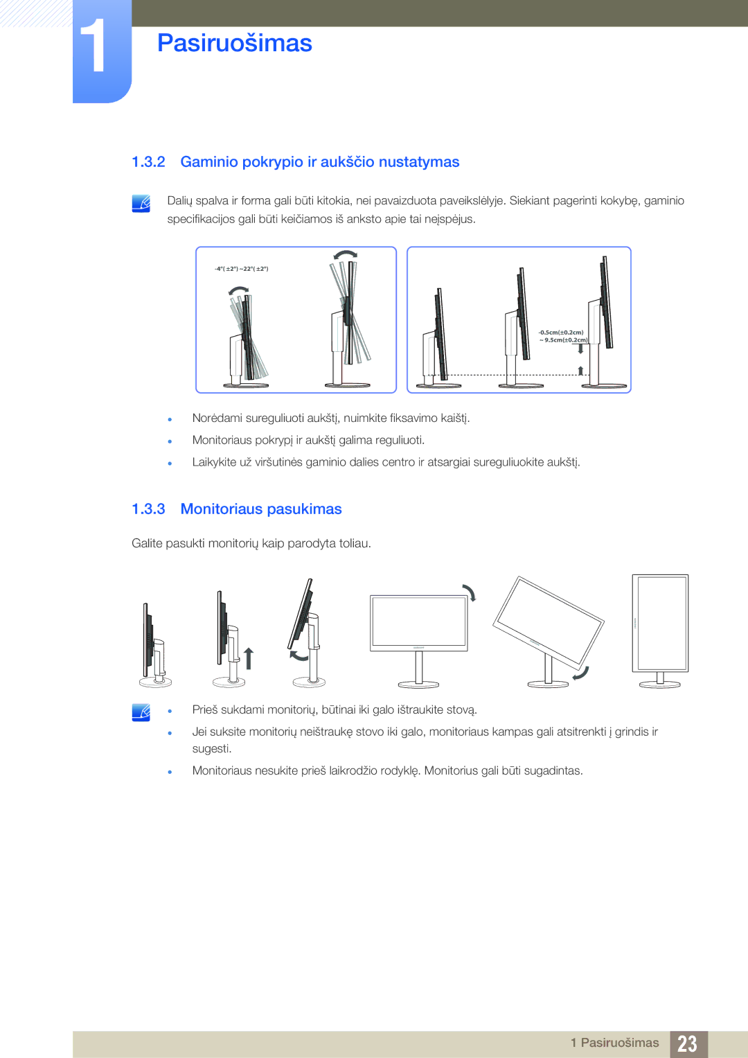 Samsung LS24B420BW/EN, LS22B420BW/EN manual Gaminio pokrypio ir aukščio nustatymas, Monitoriaus pasukimas 