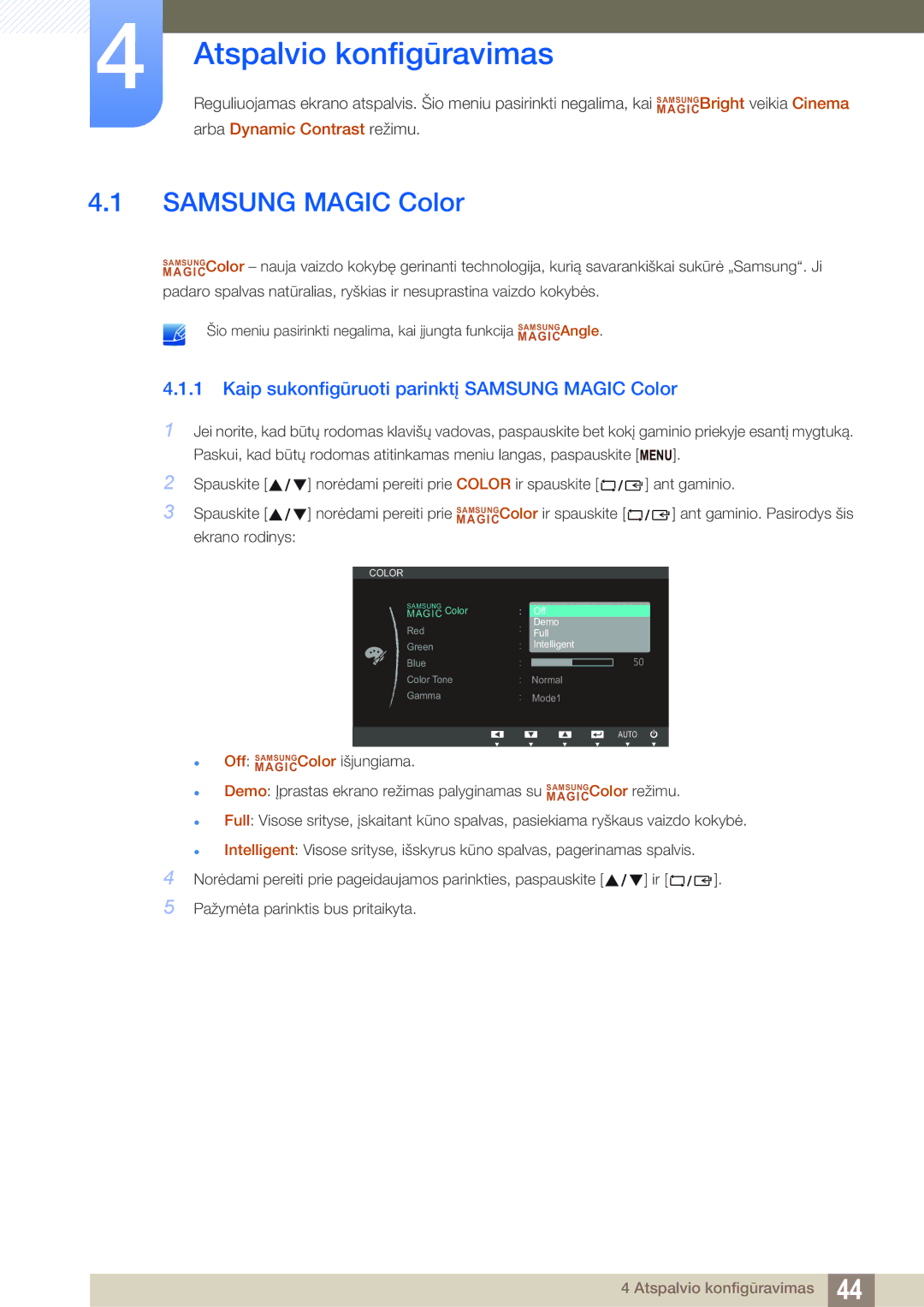 Samsung LS22B420BW/EN, LS24B420BW/EN manual Atspalvio konfigūravimas, Kaip sukonfigūruoti parinktį Samsung Magic Color 