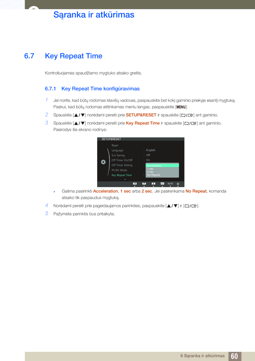 Samsung LS22B420BW/EN, LS24B420BW/EN manual Key Repeat Time konfigūravimas 