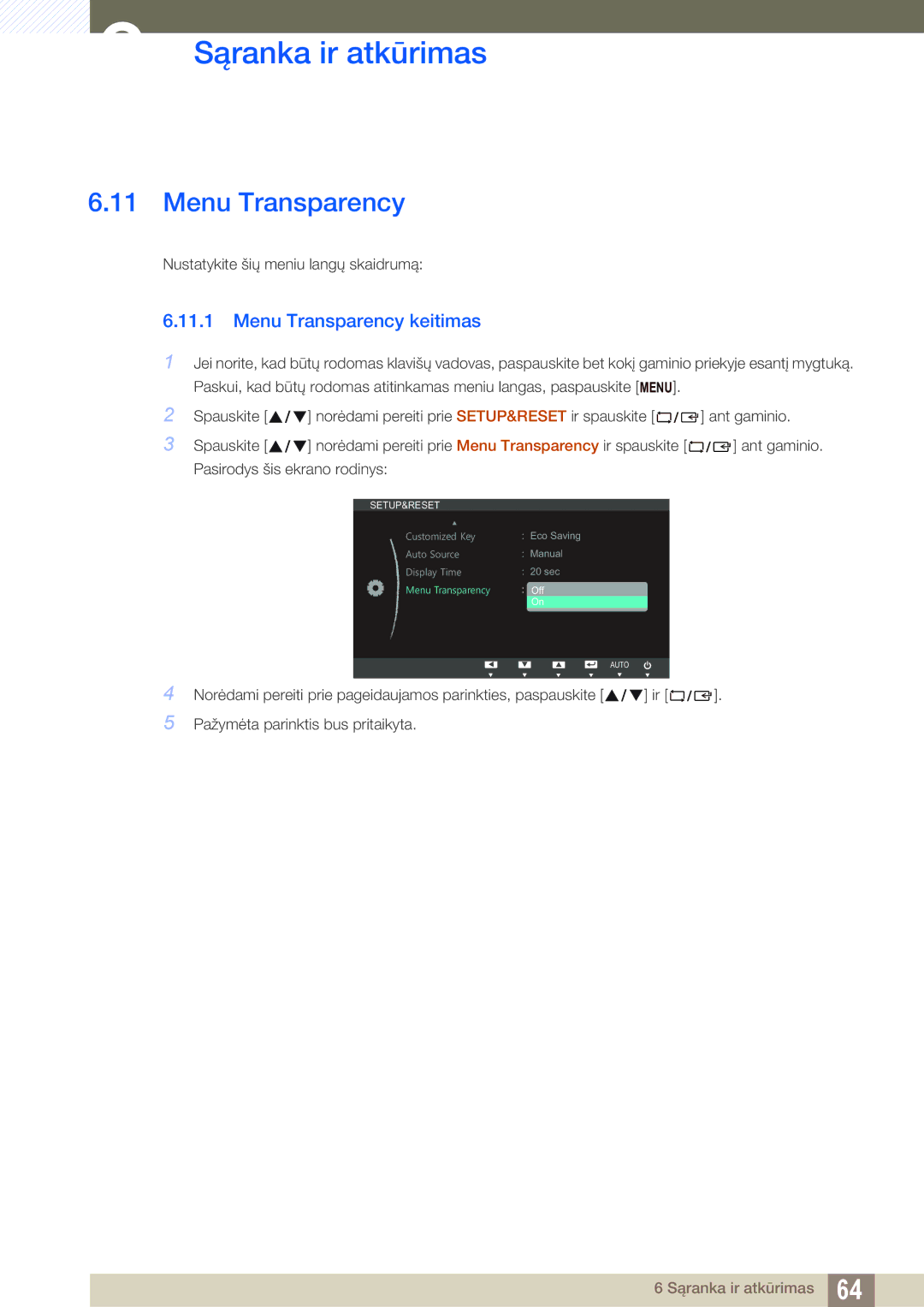 Samsung LS22B420BW/EN, LS24B420BW/EN manual Menu Transparency keitimas 