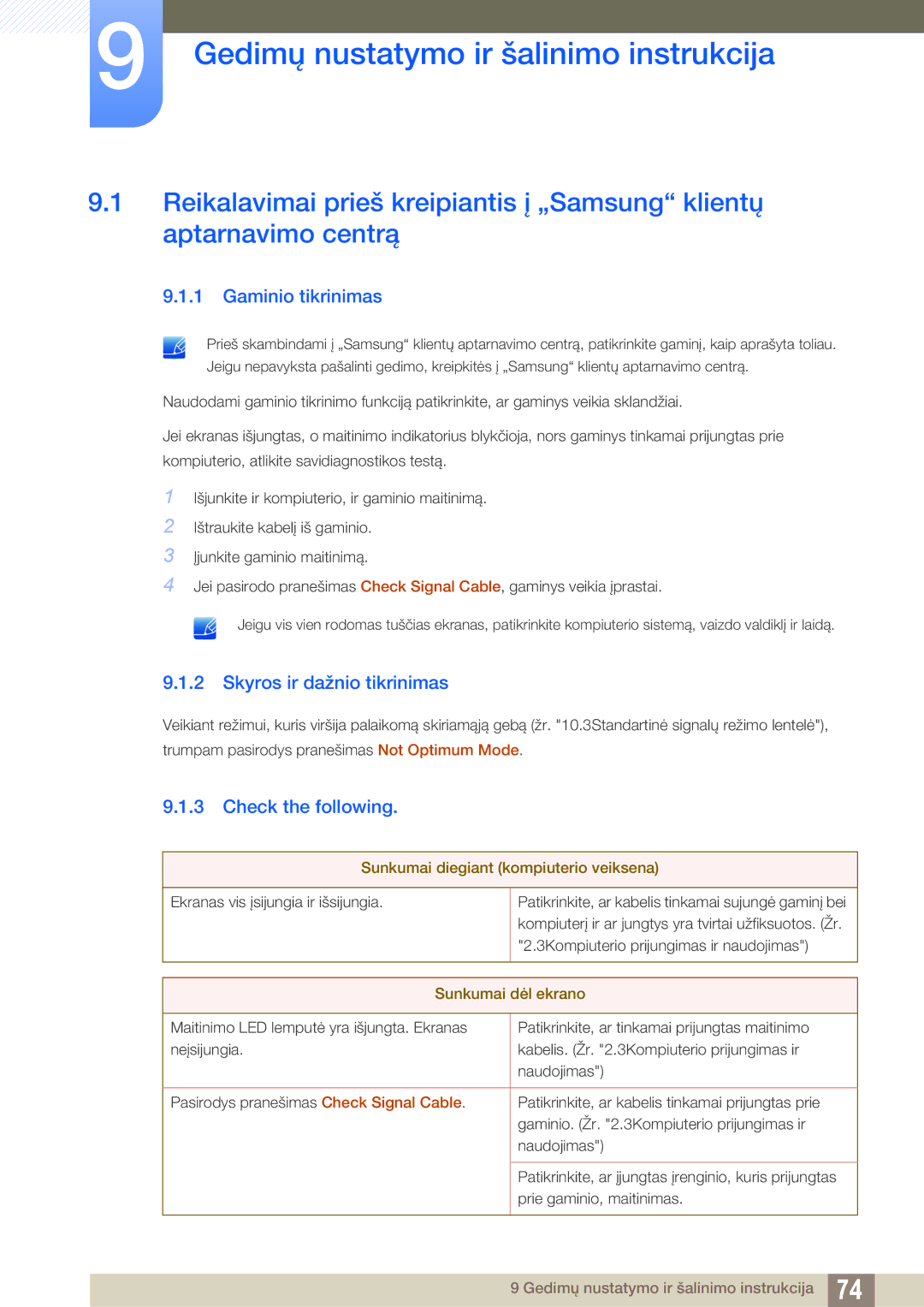 Samsung LS22B420BW/EN manual Gedimų nustatymo ir šalinimo instrukcija, Gaminio tikrinimas, Skyros ir dažnio tikrinimas 