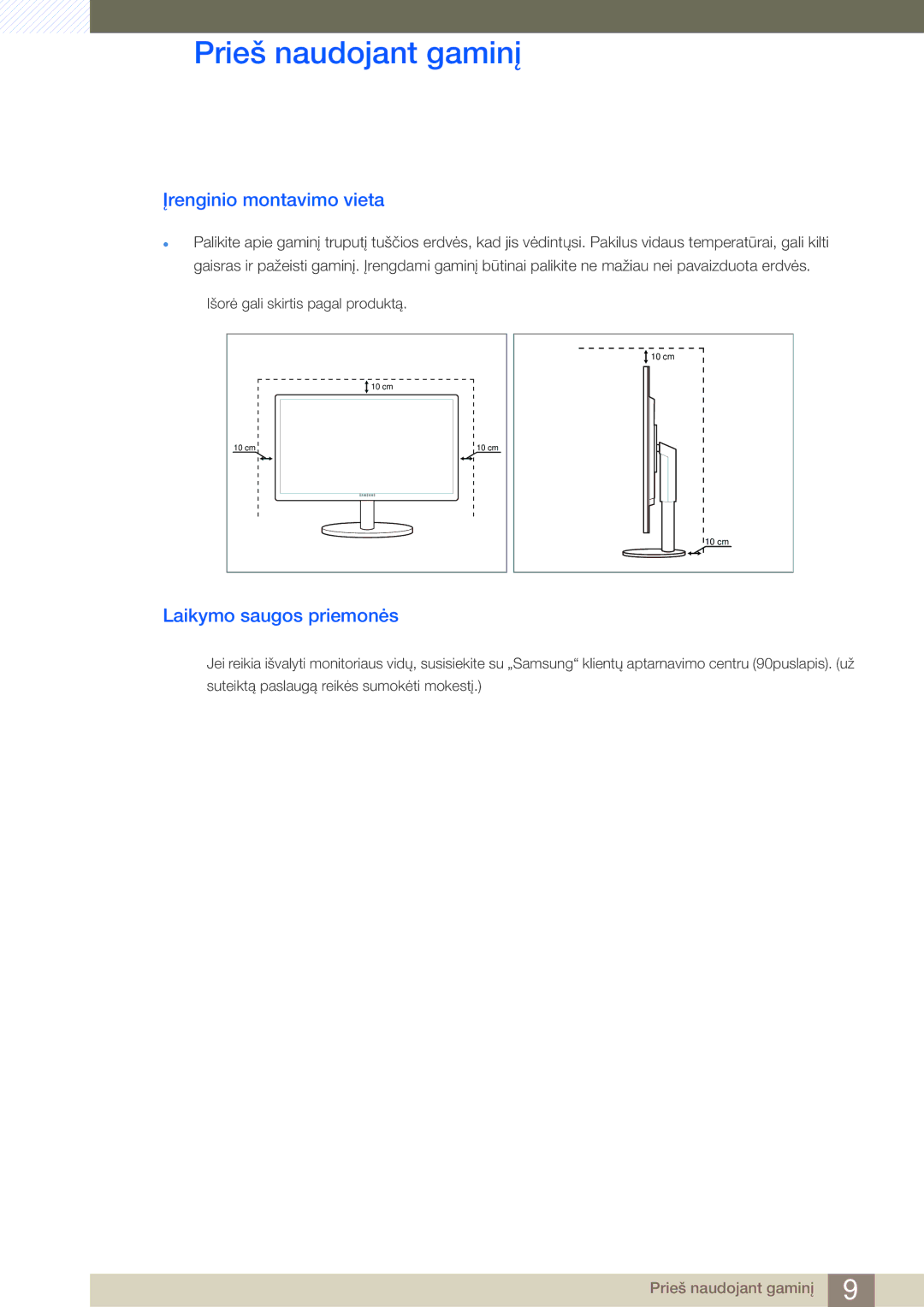 Samsung LS24B420BW/EN, LS22B420BW/EN manual Įrenginio montavimo vieta, Laikymo saugos priemonės 