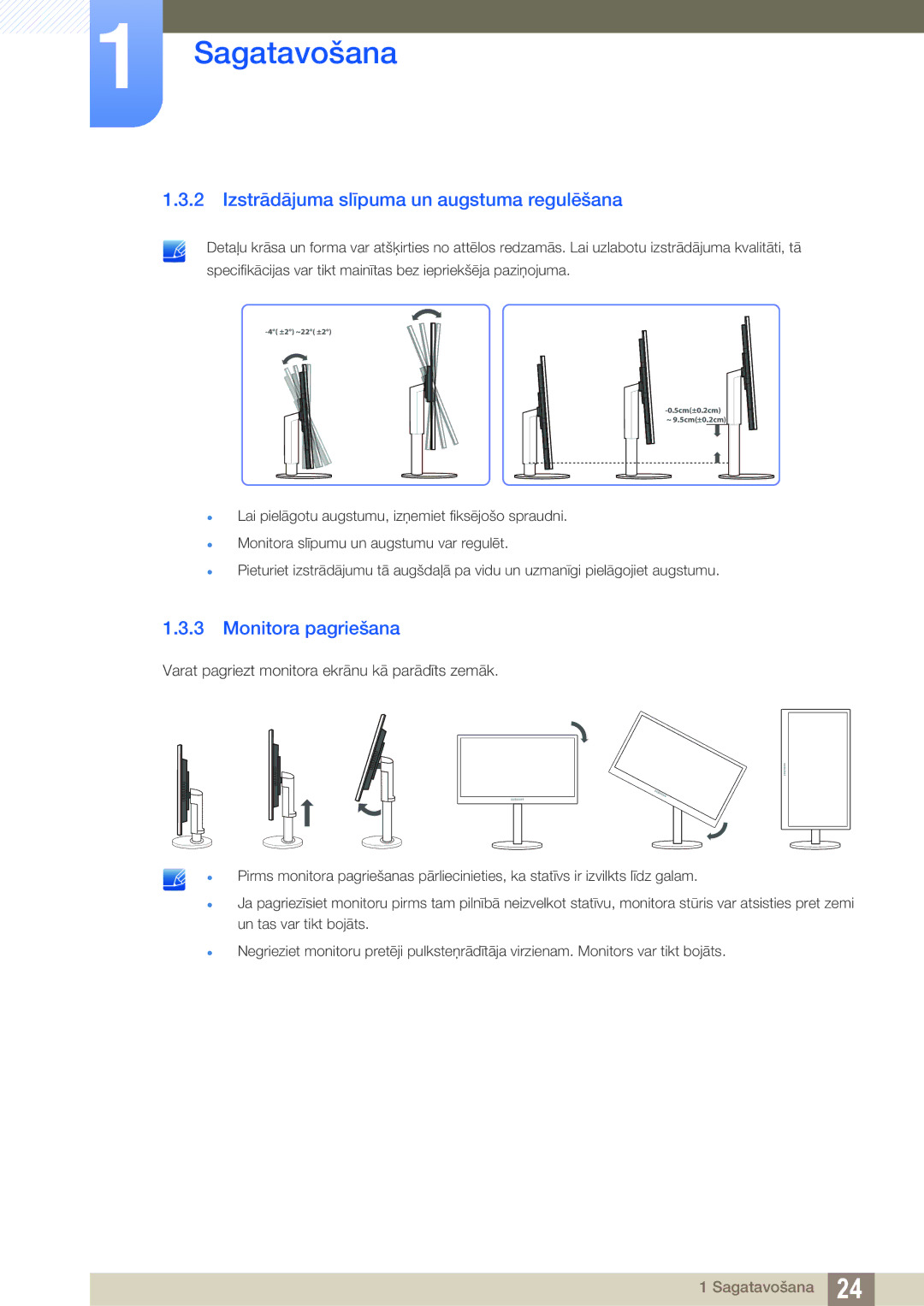 Samsung LS22B420BW/EN, LS24B420BW/EN manual Izstrādājuma slīpuma un augstuma regulēšana, Monitora pagriešana 