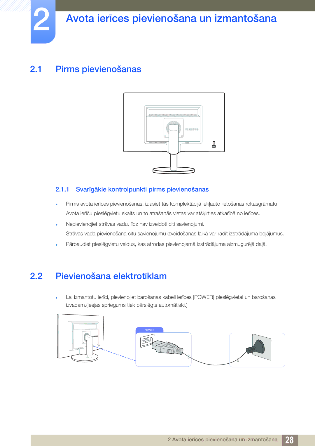 Samsung LS22B420BW/EN manual Avota ierīces pievienošana un izmantošana, Pirms pievienošanas, Pievienošana elektrotīklam 