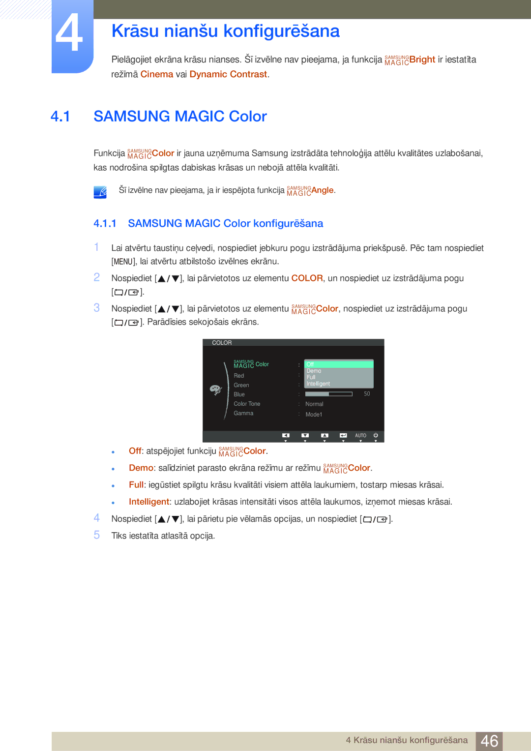 Samsung LS22B420BW/EN, LS24B420BW/EN manual Krāsu nianšu konfigurēšana, Samsung Magic Color konfigurēšana 