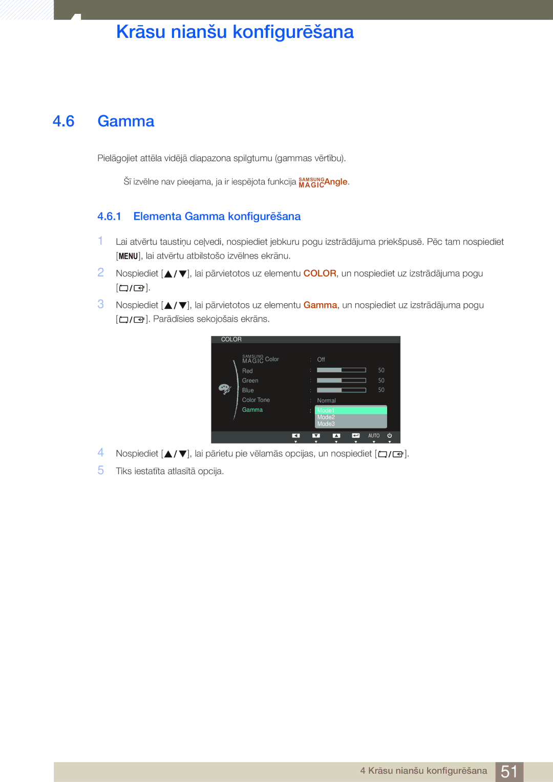 Samsung LS24B420BW/EN, LS22B420BW/EN manual Elementa Gamma konfigurēšana 