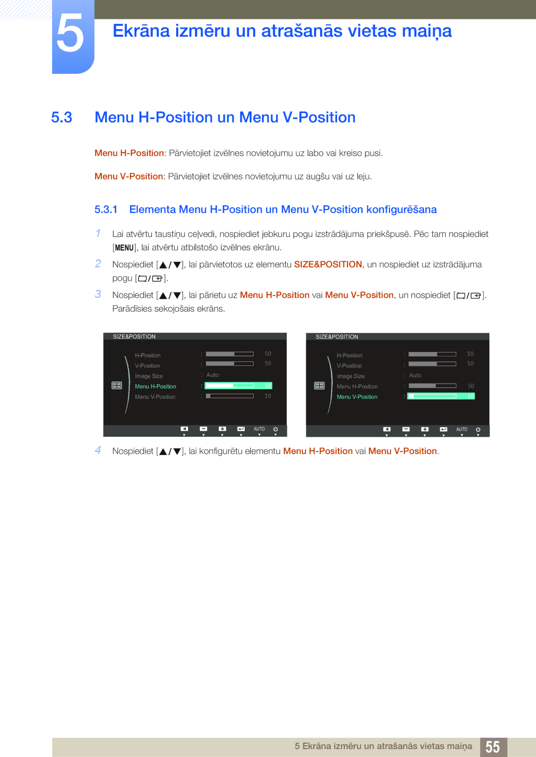 Samsung LS24B420BW/EN, LS22B420BW/EN manual Elementa Menu H-Position un Menu V-Position konfigurēšana 