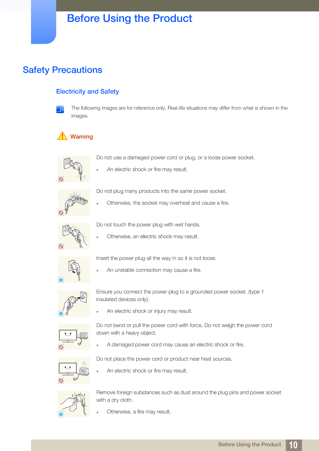 Samsung LS19B420BWV/EN, LS22B42XBWV/EN, LS24B42XBWG/EN, LS24B420BWV/EN manual Safety Precautions, Electricity and Safety 