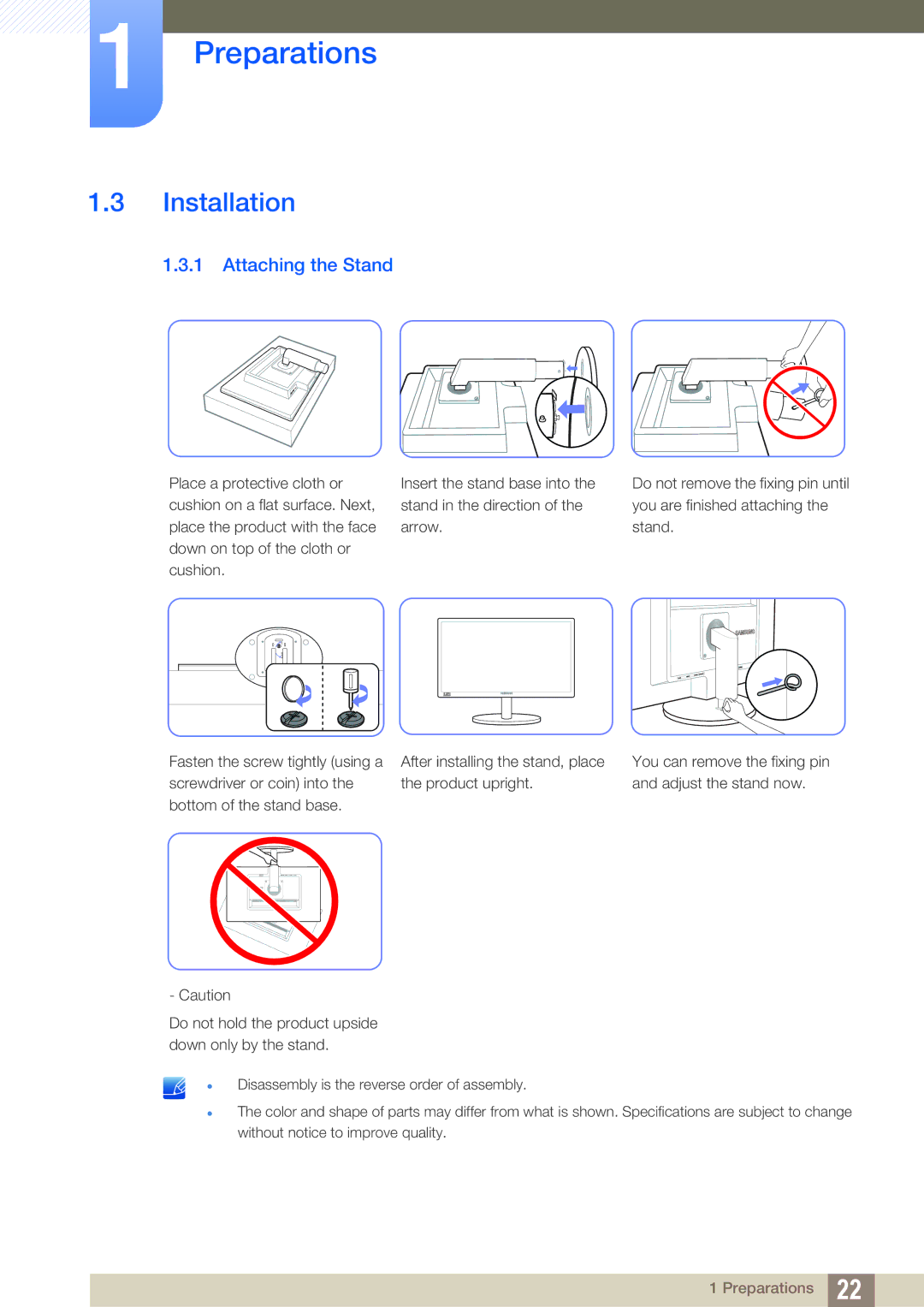 Samsung LS22B420BWV/EN, LS22B42XBWV/EN, LS19B420BWV/EN, LS24B42XBWG/EN, LS24B420BWV/EN manual Installation, Attaching the Stand 