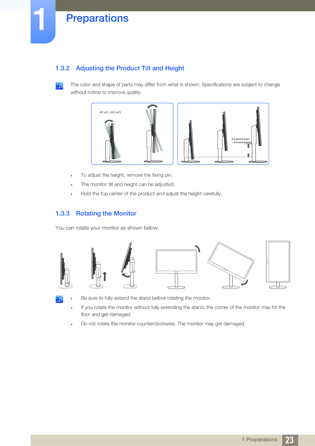 Samsung LS19B420BW/EN, LS22B42XBWV/EN, LS19B420BWV/EN manual Adjusting the Product Tilt and Height, Rotating the Monitor 